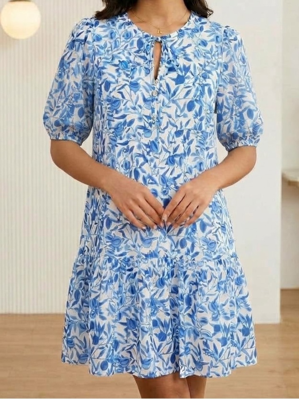 Smith and Quinn floral fruit blue and white sheer sleeve mini dress